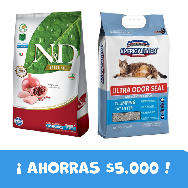 PACK N&D Gato Adulto Castrado 7,5 kg + America Litter Odor Seal 7 kg