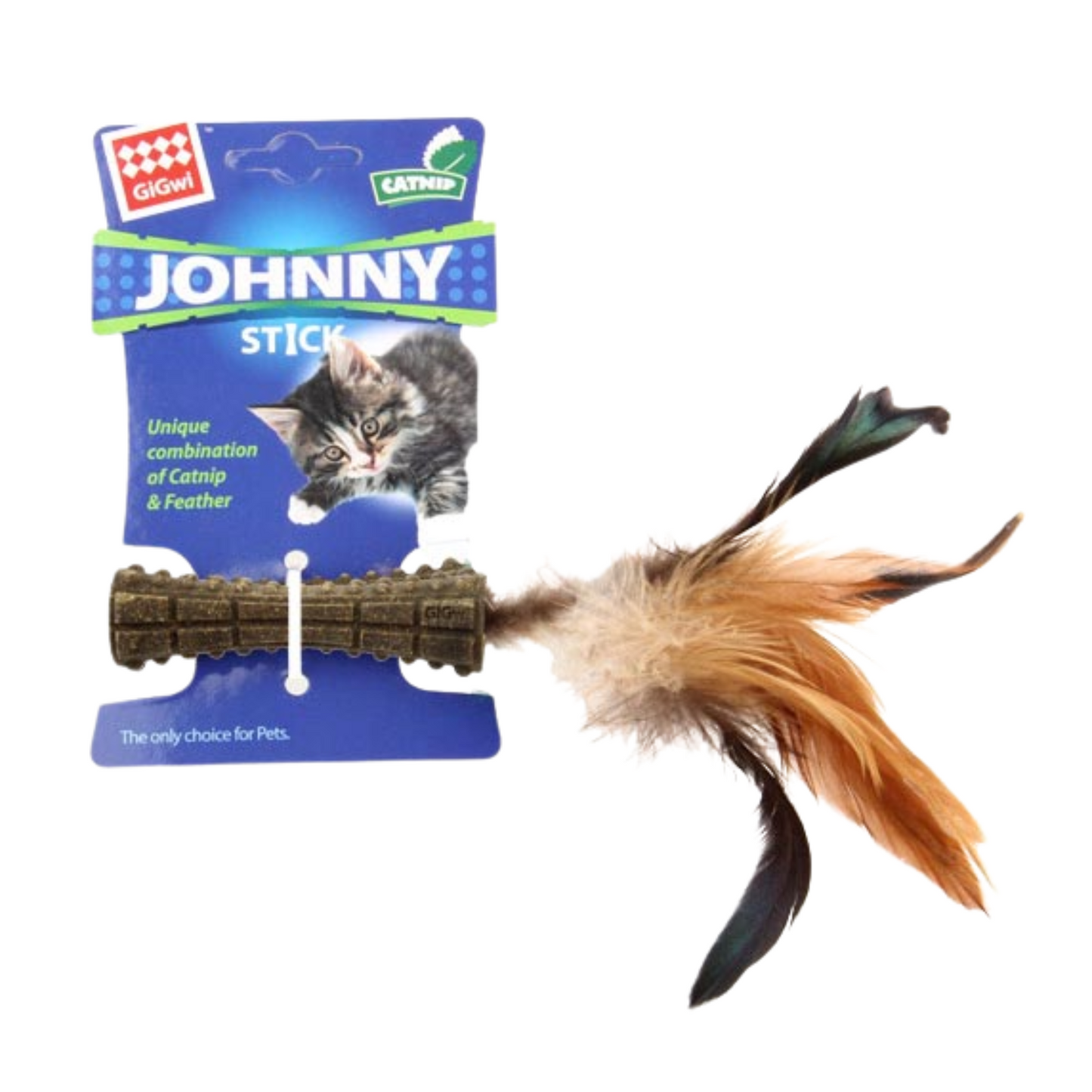 Gigwi Catnip Johnny Stick con un lado de pluma natural café