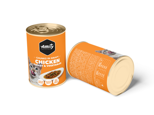 Alimento Húmedo para Gatos Amity Chunks Chicken, Turkey y Veg 415gr