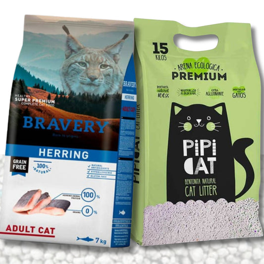 Pack Felino Bravery Herring 7 kg  + Pipicat 15 kg