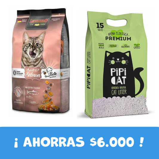 PACK Leonardo Adult Salmón GF 7,5 kg + Arena Pipicat 15 kg Aroma Menta